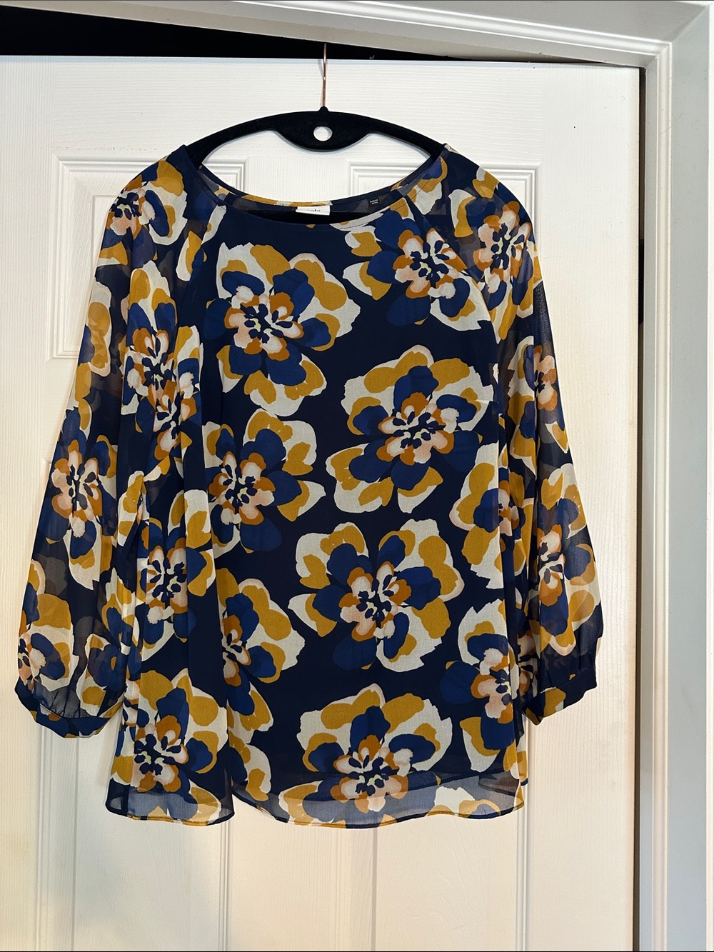 CAbi Navy Floral Sheer Blouse with Mustard and Cream Accents